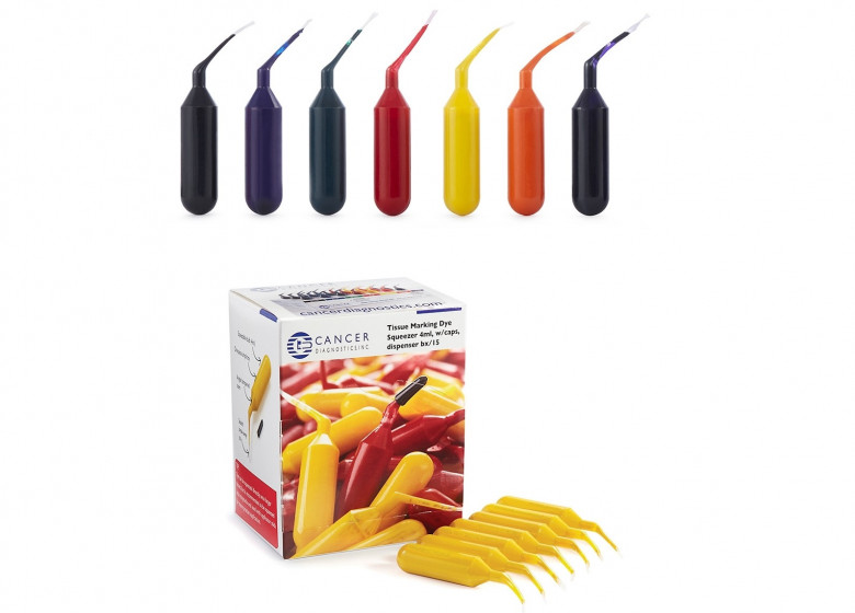 Tissue Markin Dyes, Tusze histologiczne dostępne w dozownikach po 4ml w różnych kolorach: czarnym, niebieskim, zielonym, czerwonym, żółtym, pomarańczowym i fioletowym, opakowanie zawiera 15 szt.