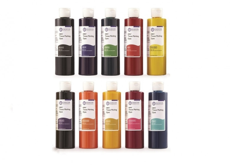 Tissue Markin Dyes, Tusz histologiczny do oznaczania materiału tkankowego odstępny w różnych kolorach w butelce 237ml: magneta, czarny, niebieski, zielony, czerwony, żółty, pomarańczowy, fioletowy, złoty, turkusowy