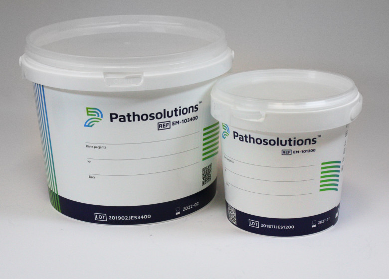 pojemniki Pathosolutions z przykrywką na wcisk, z trwała etykieta na opis pacjenta, do transportu materiału w formalinie, dostępny w różnych pojemnościach